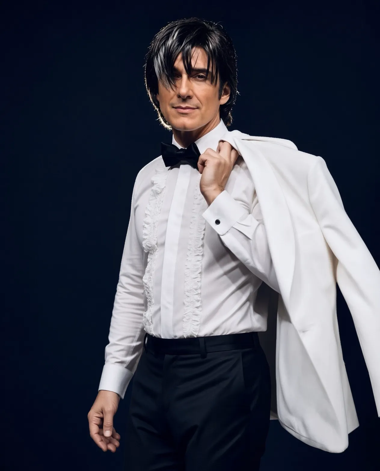 Sam Stevens in a white tuxedo, jacket over his shoulder